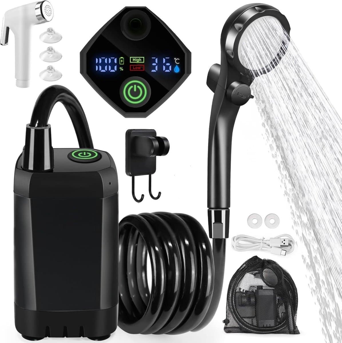 Camping Douche - Draagbare Douche - Buitendouche Camping - Buitendouche - Tuindouche - Lange Levensduur 6000mAh - Intelligente LED-display - Douchekop met 4 Sproeistanden - IPX7 Waterdicht - Voor buiten, Wandelen, Reizen, Auto en Huisdieren - Zwart