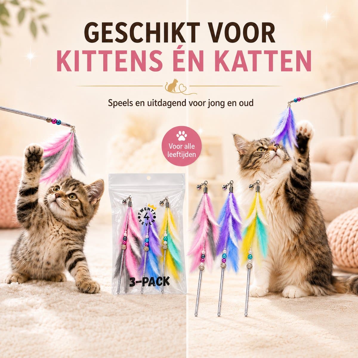 Twenty4seven® Kattenhengel 3-Pack - Kattenspeeltjes met Veer - Kattenspeelgoed - Interactief & Intelligentie - Speelgoed voor Katten & Kittens thumbnail 6