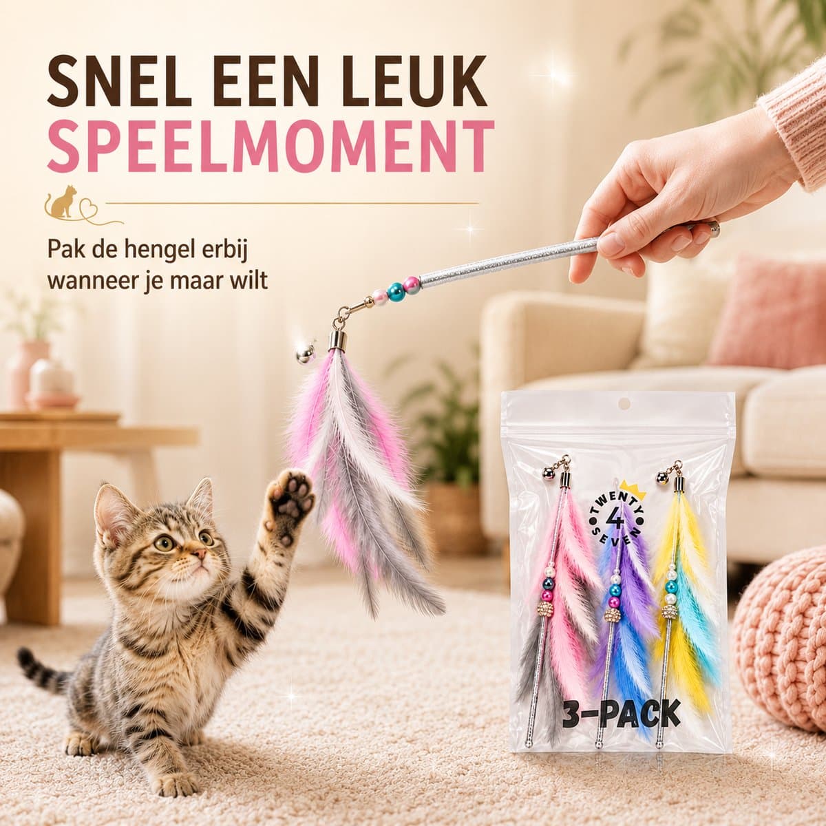Twenty4seven® Kattenhengel 3-Pack - Kattenspeeltjes met Veer - Kattenspeelgoed - Interactief & Intelligentie - Speelgoed voor Katten & Kittens thumbnail 4