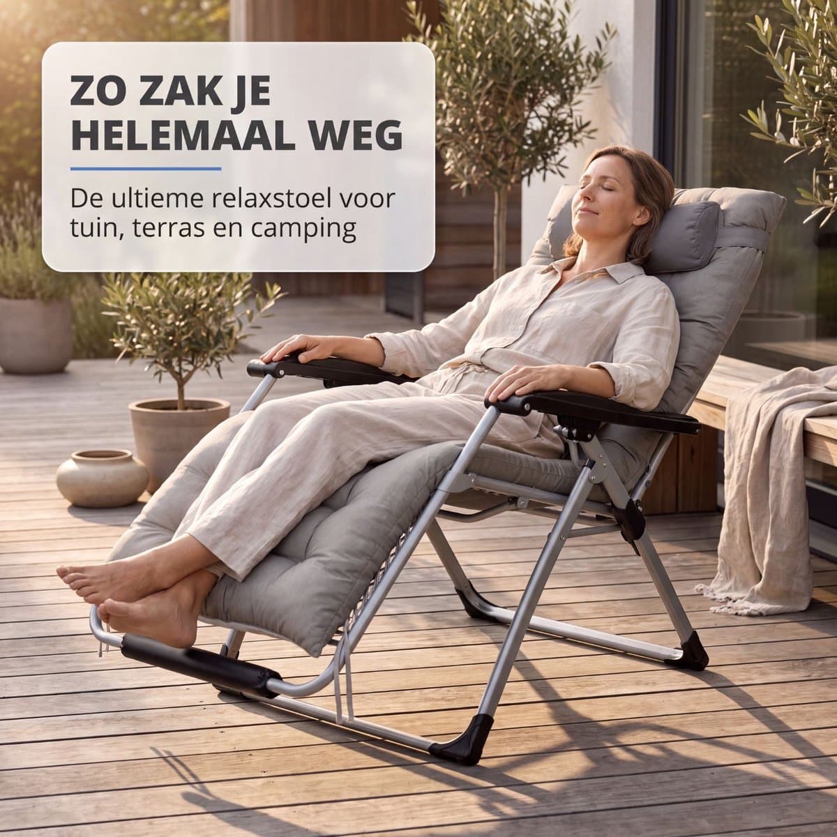 FlinQ 2x XL Relax Tuinstoelen Cloud Comfort Deluxe - Verstelbare Zero Gravity Relaxstoel - Extra breed - Extra dikke kussens - Hoofdkussen & Bekerhouder/Tafeltje - Ligstoel - Tuinmeubelen - Ideale Campingstoel - Ook voor Tuin of Balkon thumbnail 7