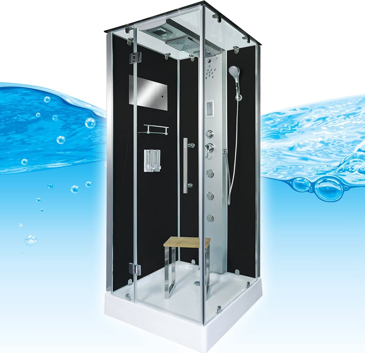 Complete Gesloten Douchecabine 90X90X215 Bastia. MENGKRAAN. Luxe, Kit-Vrij, Zwart, Veiligheidsglas, LED, Radio, Speakers, Massage, Hoekmodel, Vierkant, Scharnierdeur, Douchebak, Afvoer, Sifon, Verschillende Modellen, Full Options. Royal Sanitair thumbnail 2