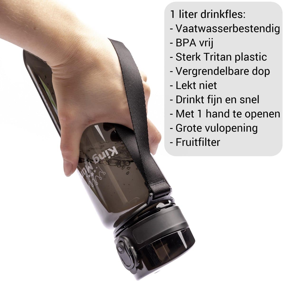 King Mungo Drinkfles 1 Liter voor Volwassenen - 100% Lekvrij & BPA-vrij Tritan - Vaatwasserbestendig - Waterfles & Sport Bidon Zonder Rietje - Transparant Zwart - 1000ml met Fruitfilter thumbnail 4