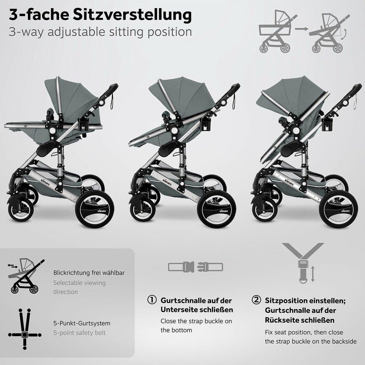 KIDUKU- 3 in 1 combi-kinderwagen- grijs/zilver- buggy incl. autostoeltje-regenhoes- inklapbaar thumbnail 3