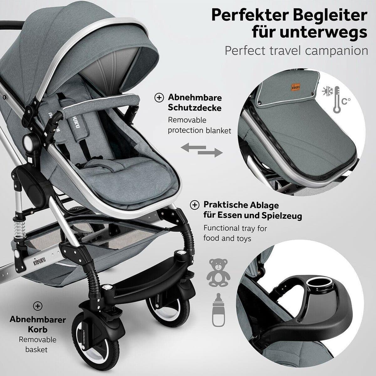 KIDUKU- 3 in 1 combi-kinderwagen- grijs/zilver- buggy incl. autostoeltje-regenhoes- inklapbaar thumbnail 7