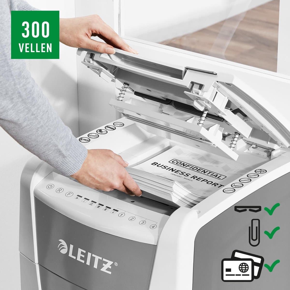 Leitz IQ Autofeed+ Office 300 Stille Papierversnipperaar - P4 Snippers - Tot 300 Vel - 60L - Wit thumbnail 7