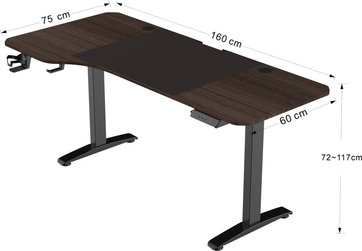 VDD Gaming - Bureau - Game Desk - Zit Sta Bureau - Elektrisch in Hoogte Verstelbaar - Zit-sta Bureau - Game Bureau - Gaming Desk - Computer Tafel - 160 x 75 cm - Bruin - Maximale hoogte 120 cm thumbnail 2