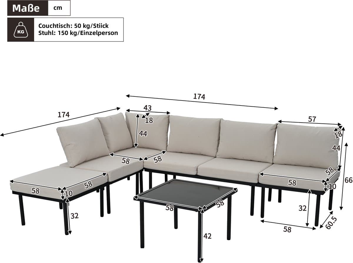 Loungestoelenset set van 6 - tuinmeubelset van touw - beige gevlochten touw - verstelbare poten - glad glazen tafelblad - beige thumbnail 4