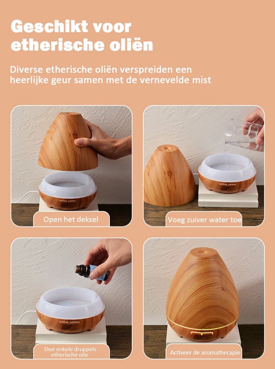 ibettertec Luchtreiniger & Aromadiffuser - 400ml Elektrische geurlamp met houten design,LED-verlichting en stille luchtbevochtiger voor etherische oliën thumbnail 7