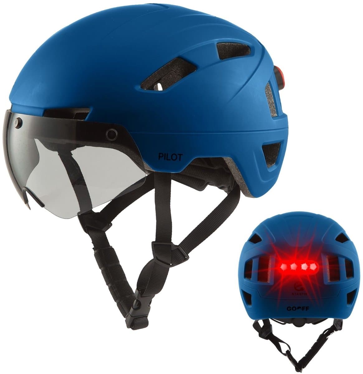 GOOFF® Pilot 3-in-1 Snorfiets Helm met Verlichting en Vizier - Speed Pedelec Fietshelm voor Volwassenen - NTA 8776 - Snorscooter Helm met LED Licht - Goedgekeurd voor Blauw Kenteken en E Bike - Dames en Heren - M - Matblauw