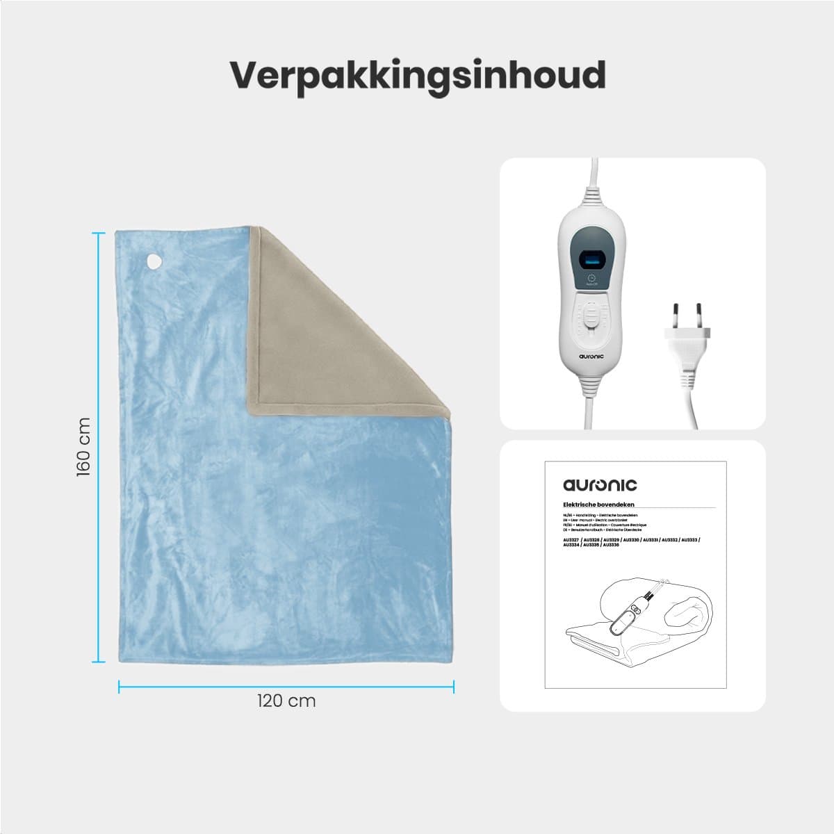 Auronic Elektrische Deken - 160 x 120 cm - 1 Persoons Warmtedeken - 3 Warmtestanden met Timer - Verwarmingsdeken - Lichtblauw thumbnail 7