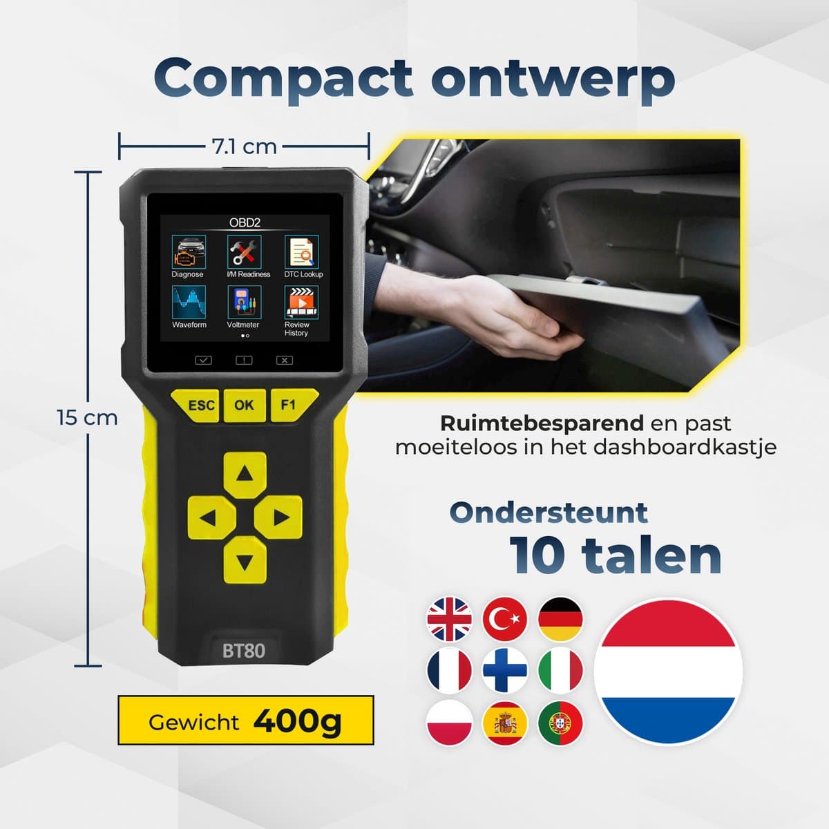 Deluxness®- OBD2 Scanner en Batterijtester – Jumpstarter voor Auto - Diagnosecomputer – Auto Uitlezen – Storing Verwijderen – Accutester 12V - Nederlandse Taal - Motorstoring - Diagnose apparatuur voor auto's thumbnail 2