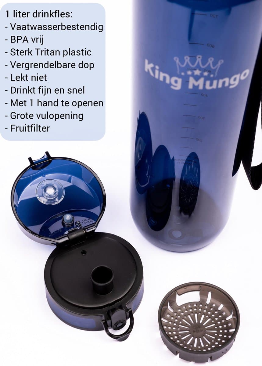 King Mungo Drinkfles 1 Liter Transparant Donkerblauw - 100% Lekvrij & BPA-vrij Tritan - Waterfles & Sport Bidon Volwassenen -Vaatwasserbestendig Zonder Rietje - Drinkbus 1000ml thumbnail 4