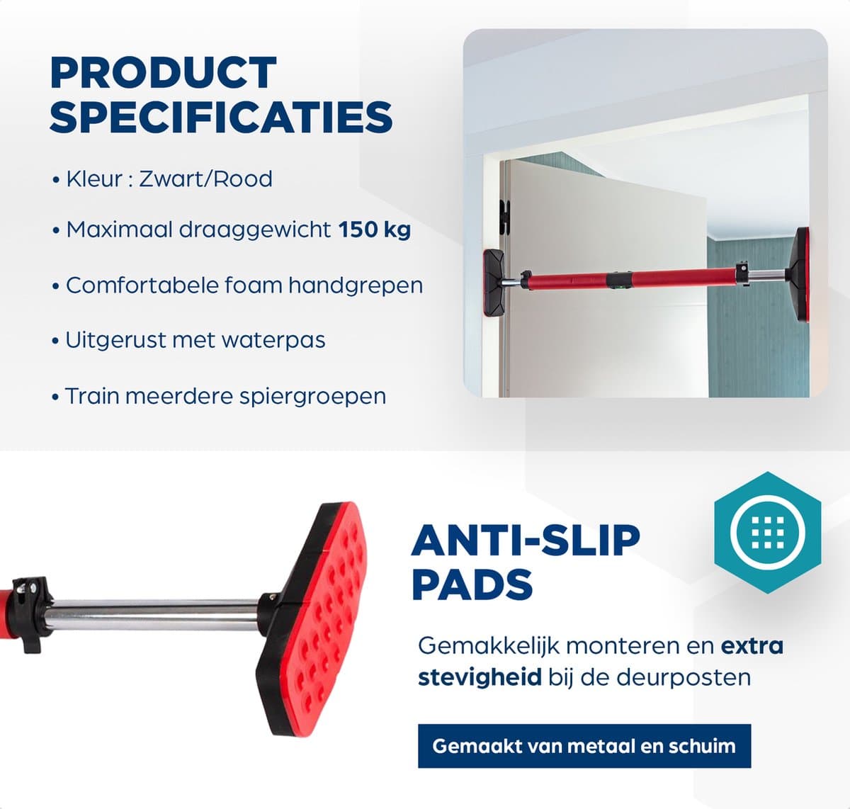 SOUTHWALL Pull Up Bar Deurpost – Optrekstang zonder schroeven – Incl. Waterpas – Krachttraining – Home Gym – Chin Up Bar – Pull Up Station – Buikspiertrainers – Max 150 kg – Zwart/Rood thumbnail 4