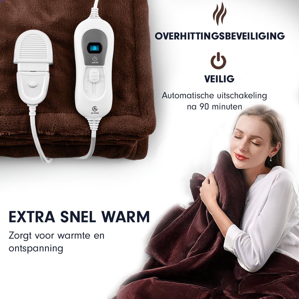 AG170 Elektrische deken - bovendeken 160x120cm - elektrisch - wasbaar -Met Timer en Overhittingsbeveliging - 3 temperatuurstanden -Bedrade Afstandsbediening - Energiezuinig -Bruin- 1-Persoons thumbnail 4