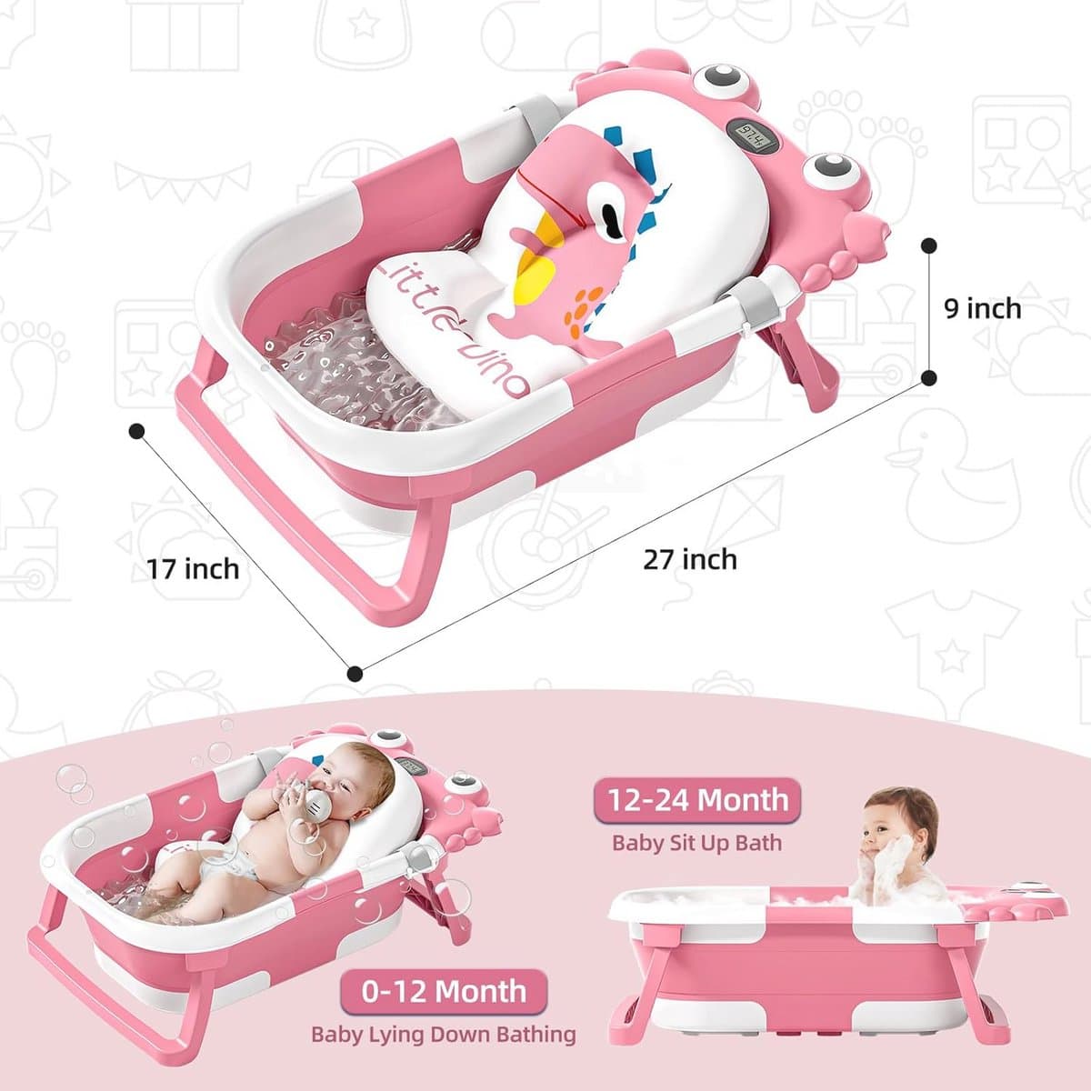 Opvouwbare babybadkuip met temperatuurmonitor en drijvend kussen - Draagbaar reisbad voor baby's 0-36 maanden thumbnail 4