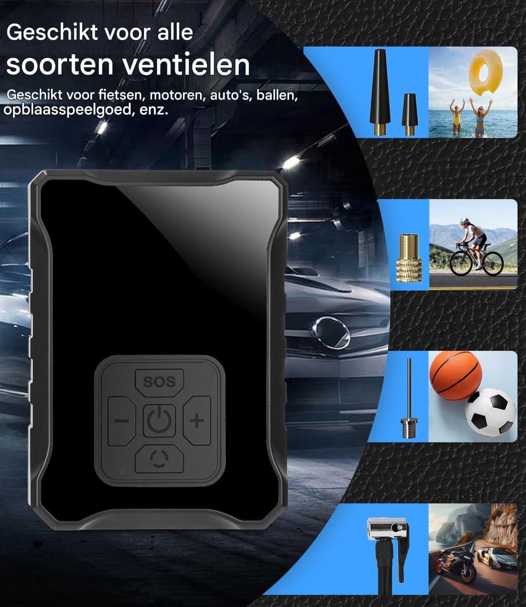 Elektrische Luchtpomp 150 PSI - Draadloze Autopomp met LED Display - 3600 mAh Accu - Voor Auto, Fiets, Motor, Ballen en Opblaasbaar Speelgoed - SOS Licht en Powerbank Functie thumbnail 3