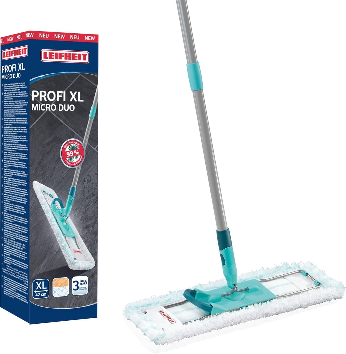 Leifheit Profi vloerwisser XL Micro Duo - 42 cm wisbreedte - 146 cm werkhoogte - 360° draaibare scharnier - Click System