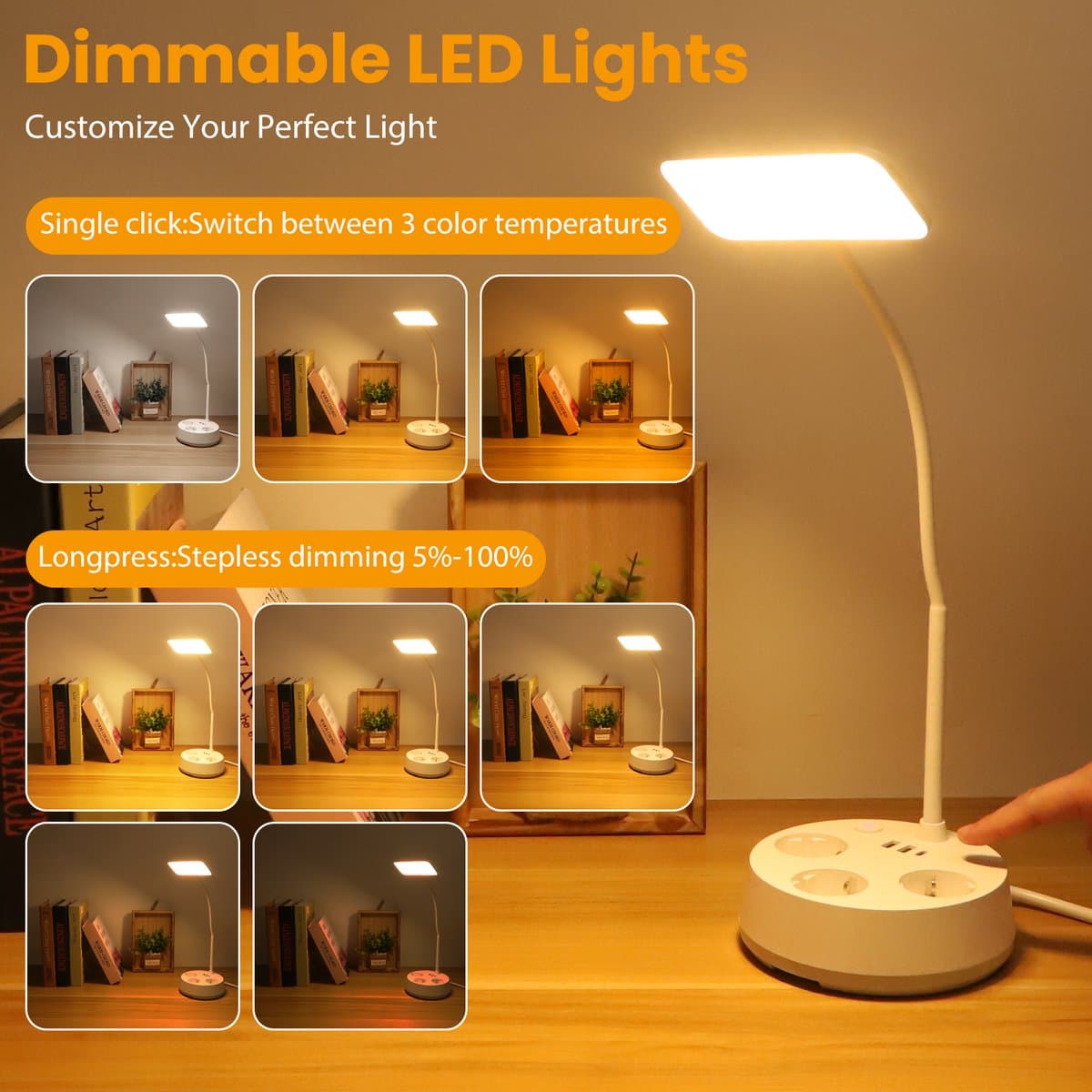 Aigostar 1043R - LED Bureaulamp Dimbaar - 3 Stopcontacten - 3 USB Poorten - Leeslamp - Bedlamp - LED Desk Lamp - Touch Control - 4.6 W - Wit thumbnail 6