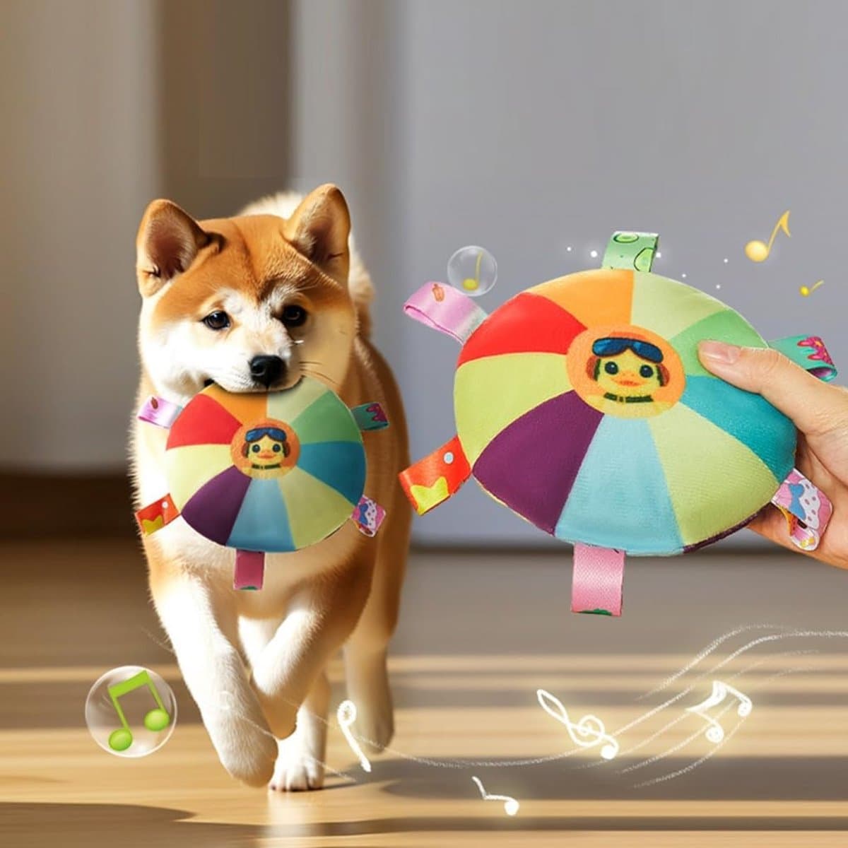Daity Peluche Interactive pour Chien Arc-en-Ciel – Frisbee Sonore Résistant – Interactief Hondenspeelgoed Sterk – Jeux Intérieur et Extérieur, Voor Puppy’s tot Middelgrote Honden - Eendje thumbnail 4