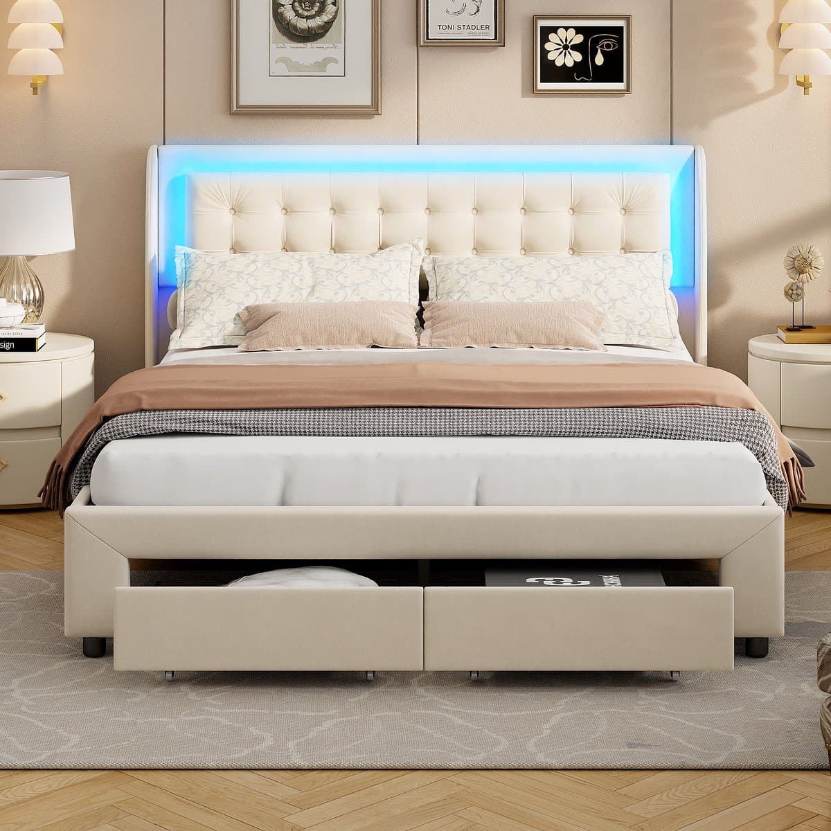 Gasveerbed met LED-verlichting in het hoofdbord, met lades en opbergruimte onder het bed, modern design, 180x200 cm – Beige thumbnail 3