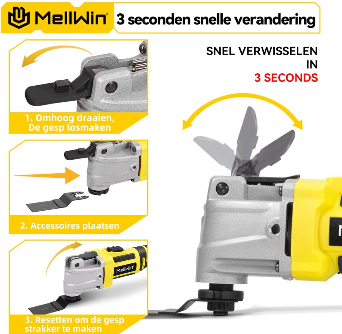 MellWin Accu Multitool - met 2x Accu's & 22x Accessoires - Borstelloze motor - Multifunctioneel Gereedschap - 4° oscillatiehoek - 6+3 versnellingen - voor verwijderen, schrapen en zagen thumbnail 7