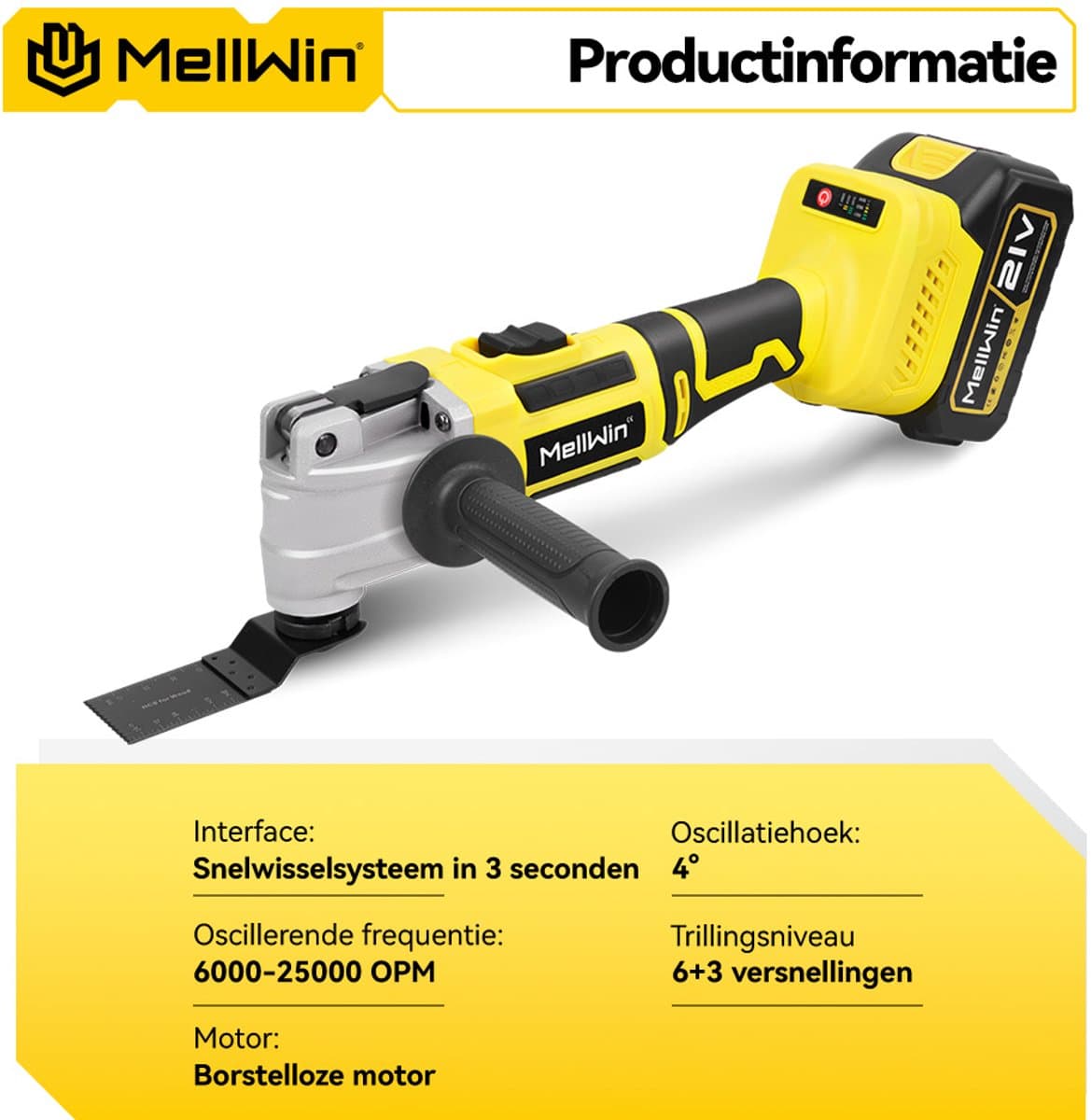 MellWin Accu Multitool - met 2x Accu's & 22x Accessoires - Borstelloze motor - Multifunctioneel Gereedschap - 4° oscillatiehoek - 6+3 versnellingen - voor verwijderen, schrapen en zagen thumbnail 2