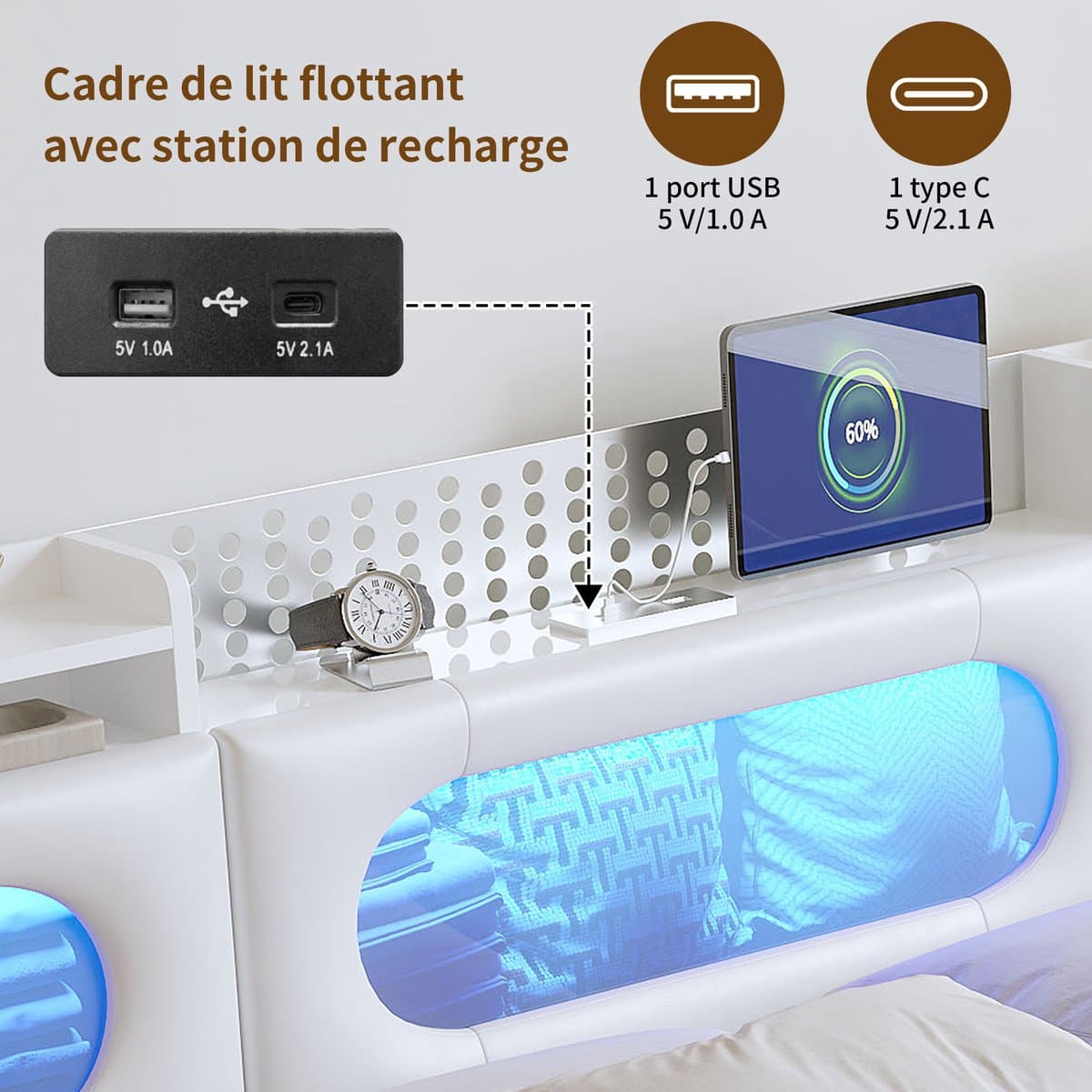 Gasveerbed 160x200 cm met LED-hoofdbord, USB en Type-C, opbergvak en opbergruimte onder het bed – ideaal voor lezen, ontspannen en opladen – Wit thumbnail 3