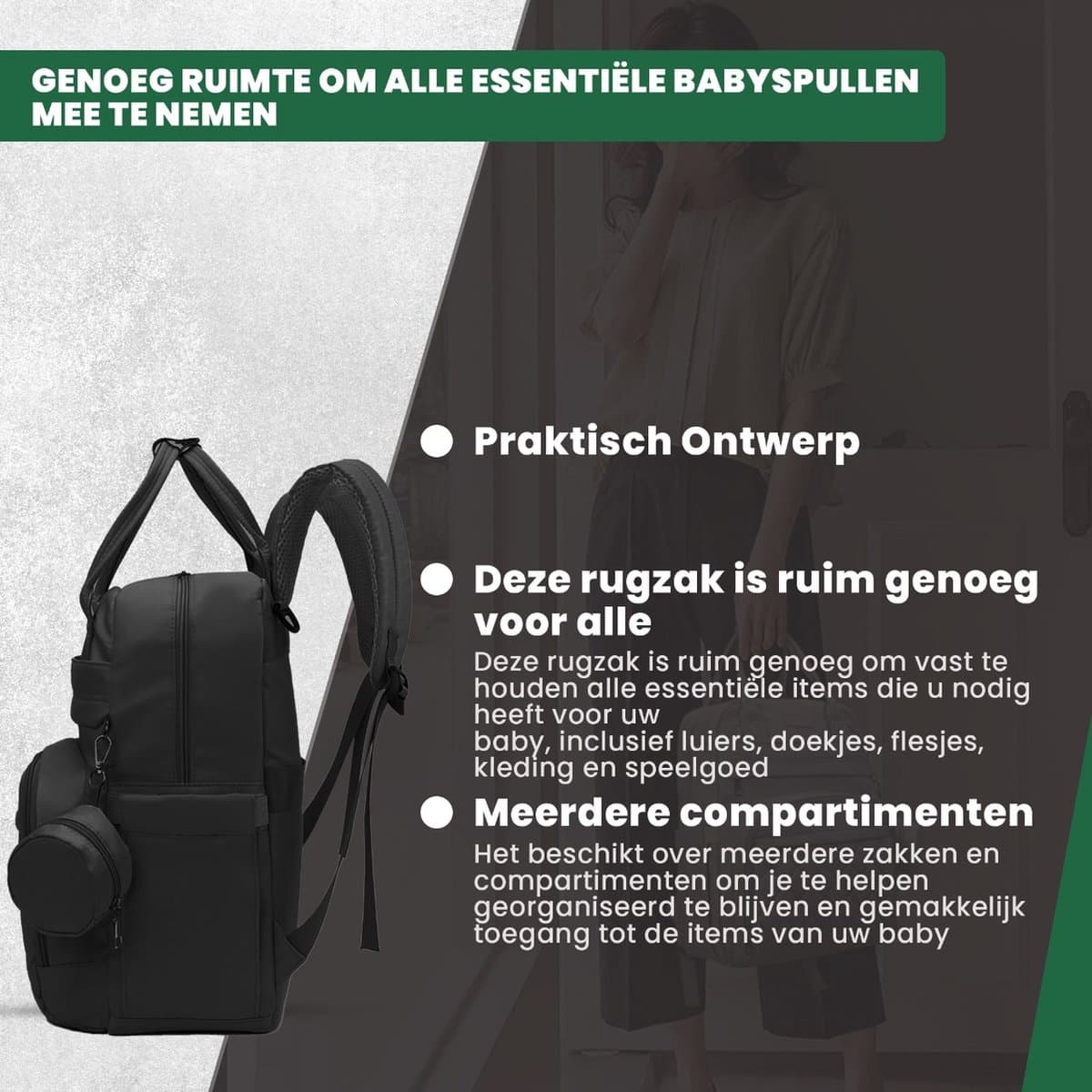 Luxegoed® Luiertas Rugzak met Verschoonmatje - Luiertassen - Rugtas - Zwart - Inclusief – Buggy /kinderwagenhaken, spenenetui en Isoleervak – Complete Set thumbnail 3