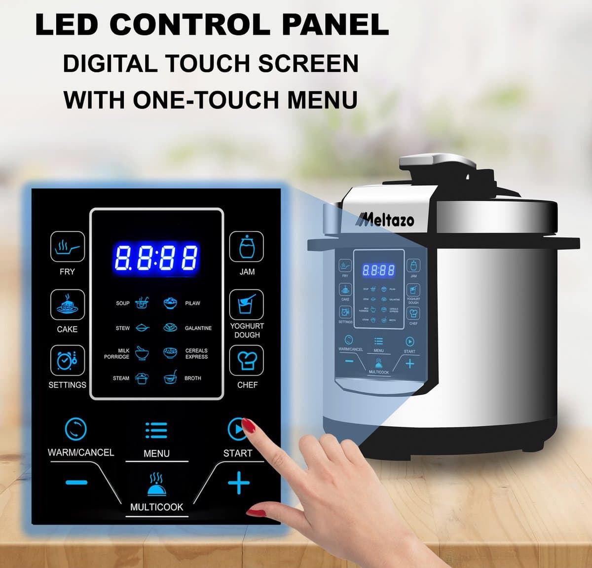 MELTAZO Multicooker, 6L, 14-in-1 Elektrische Snelkookpan met LED Touch Screen, Pressure Cooker Electrisch, Electric Pressure Cooker, Multicuiseur, Multi cooker, Rijstkoker, Yoghurtmaker, Slowcooker, Soepmaker, Stomer (RVS/Zwart) thumbnail 3