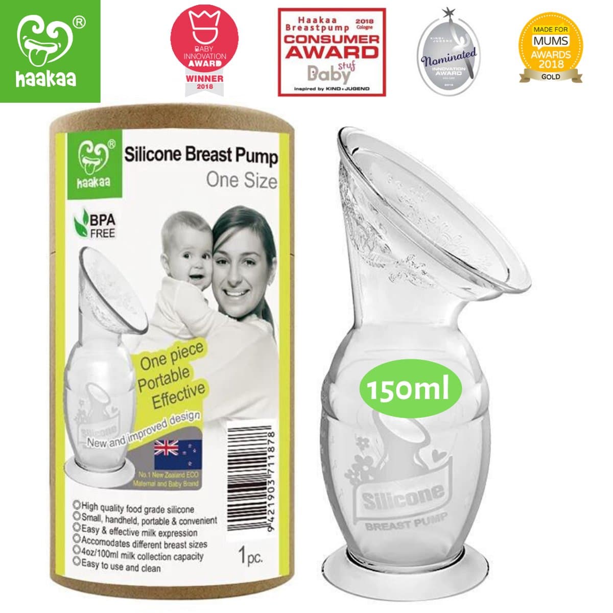 HAAKAA - Siliconen Borstkolf - 150ml + Witte Bloem - Borstvoeding - Lekschaal thumbnail 6