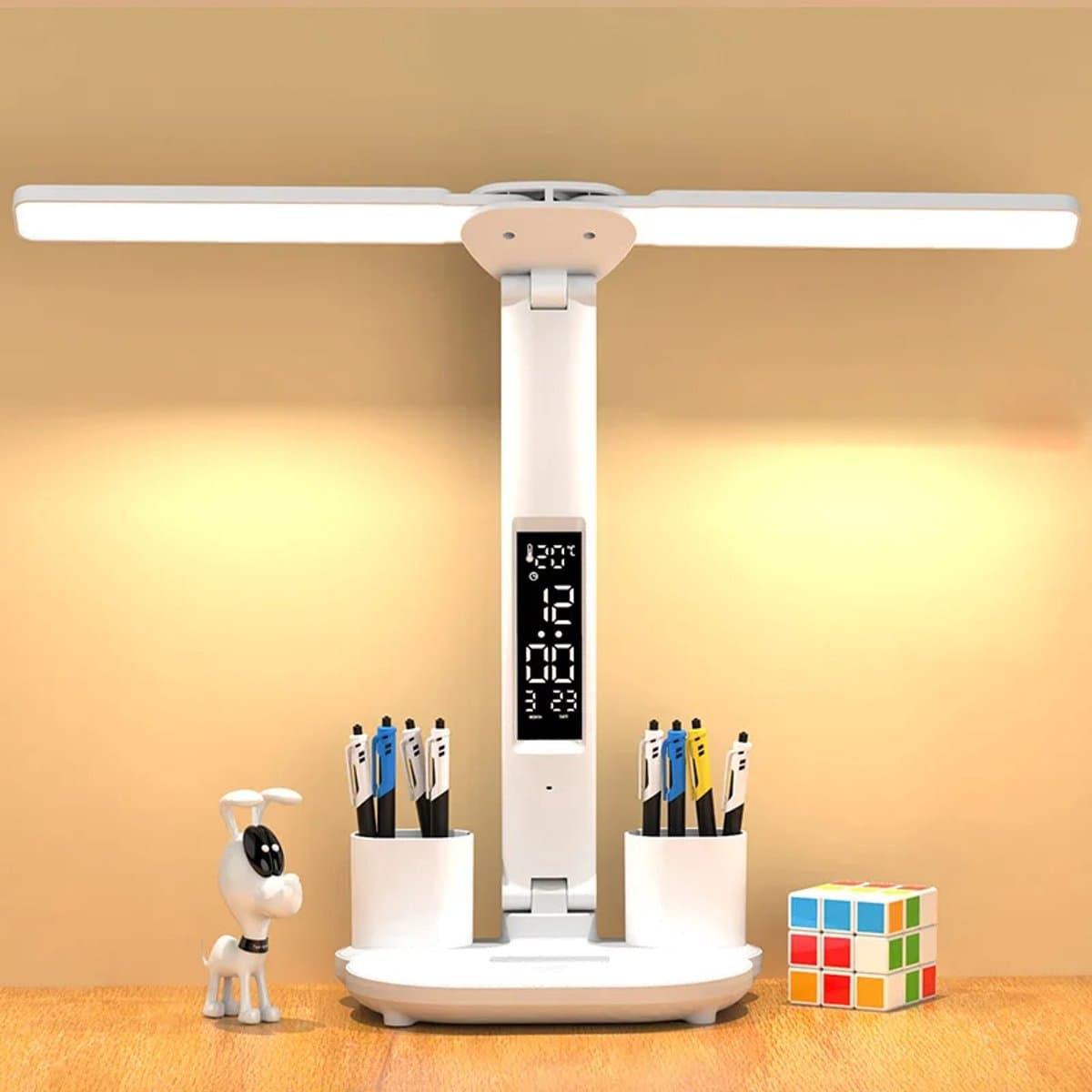 LED Bureaulamp met Dubbele Kop, Vouwbaar Touchscreen, Kalender & Klok, USB Aansluiting – Ideaal voor Bureau & Leeslamp