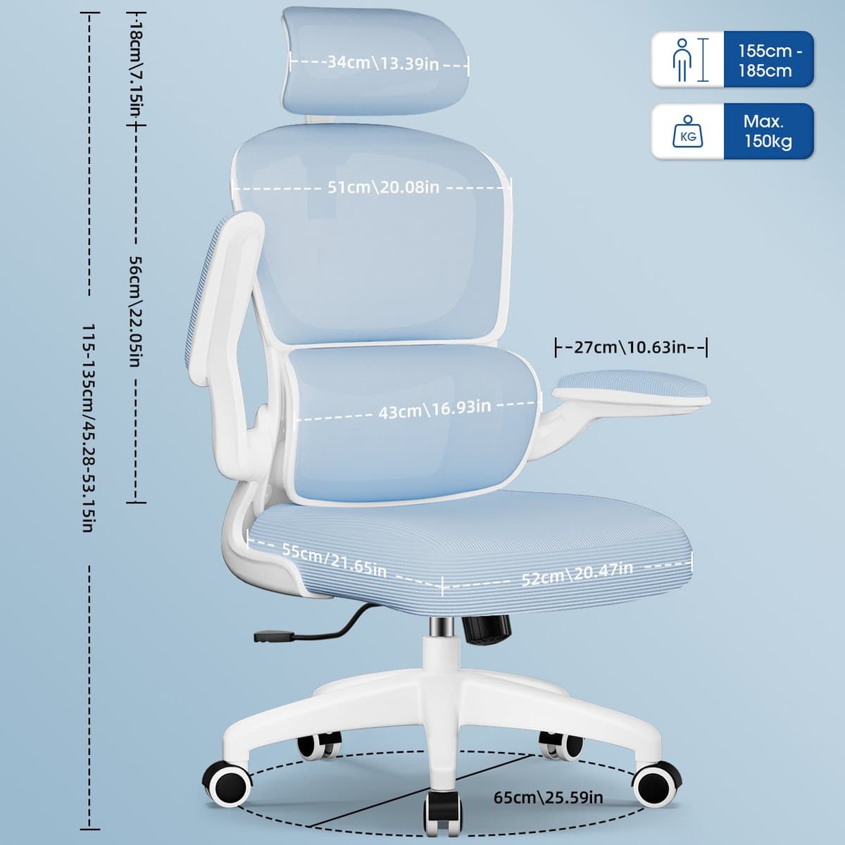 Elekiatech Ergonomische Bureaustoel - Opklapbare armen, 150 kg thumbnail 7