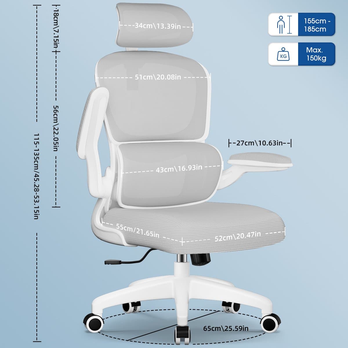 Elekiatech Ergonomische Bureaustoel - Bureaustoel met Opklapbare Armleuningen - Bureaustoelen voor Volwassenen - 150 Kg - Grijs thumbnail 7