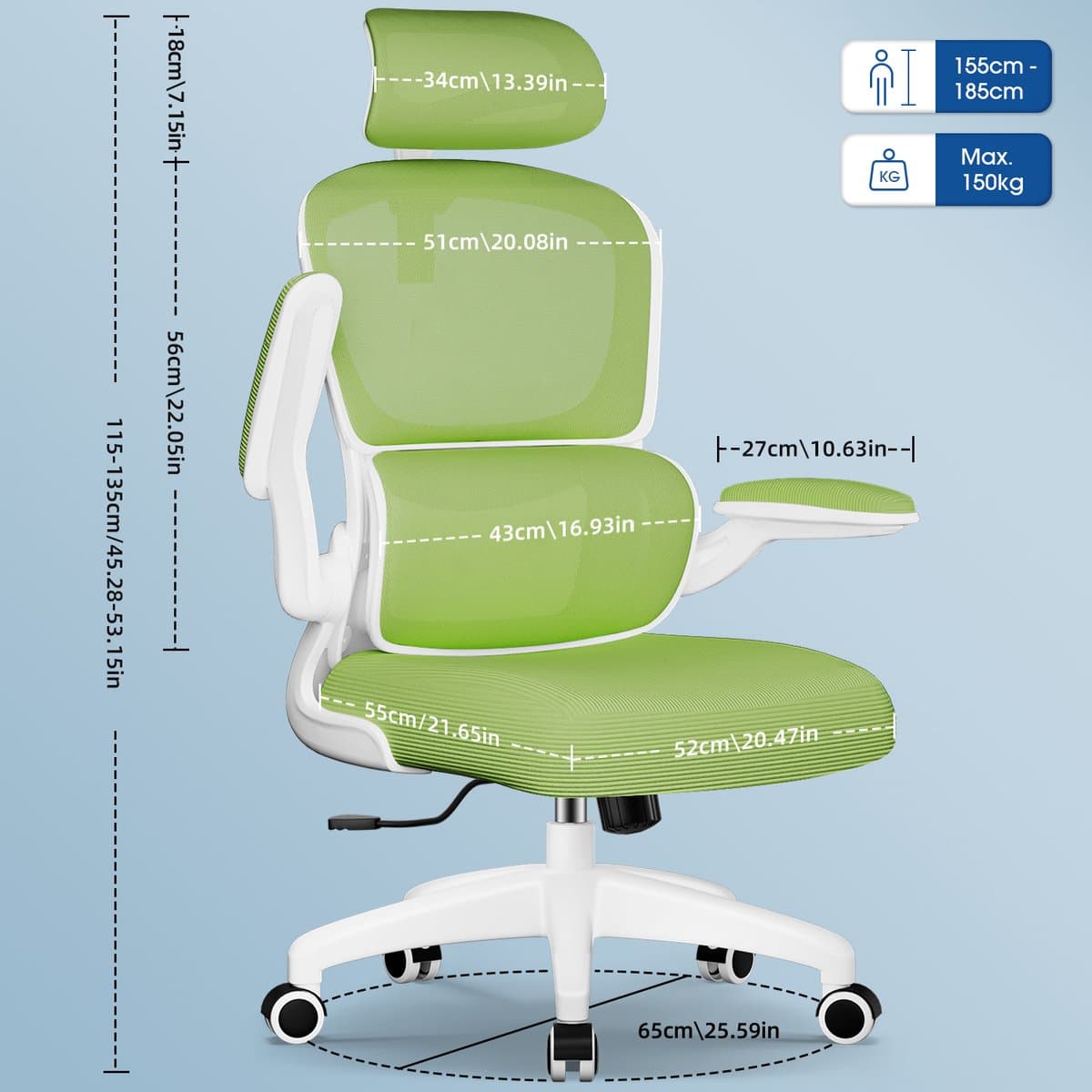 Elekiatech Ergonomische Bureaustoel - Bureaustoel met Opklapbare Armleuningen - Bureaustoelen voor Volwassenen - 150 Kg - Groen-wit thumbnail 7