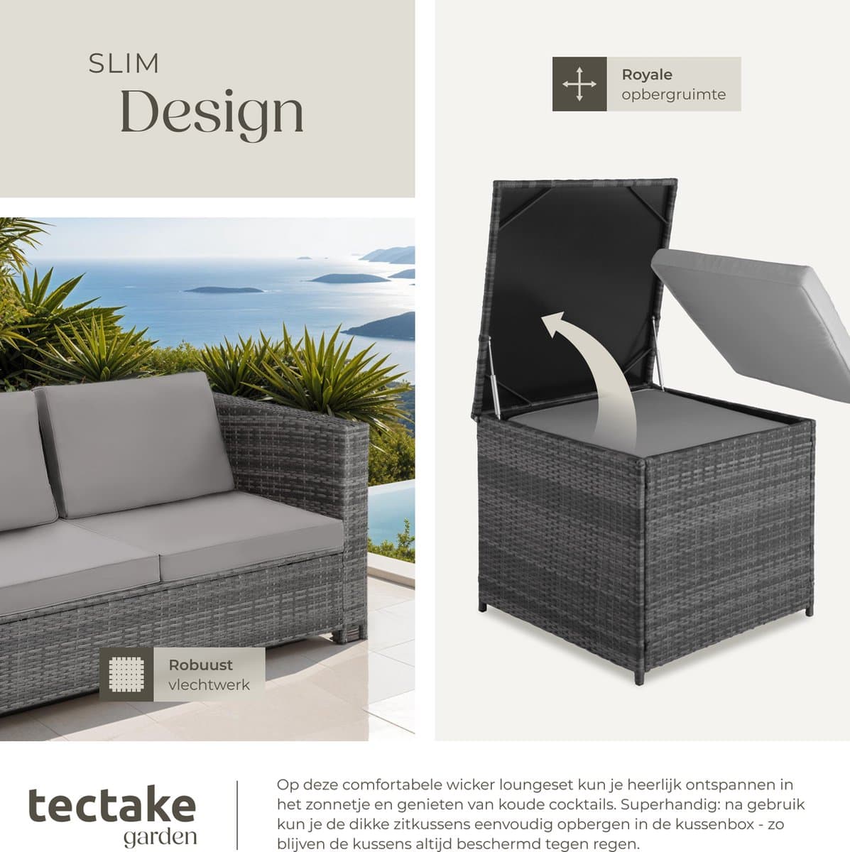 tectake® Wicker zitgroep - Tuinmeubelset - 2 banken met extra dikke kussens - Tafel met glazen blad - Tuinmeubelen voor terras - Tuin - Balkon - Buitenmeubels - Inclusief opbergbox - Maximale belasting bank 200 kg en tafel 45 kg - Grijs thumbnail 4