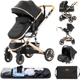 Productfoto van 3-in-1 Kinderwagen Luxe Buggy Zwartgoud met Reiswieg en Autostoel