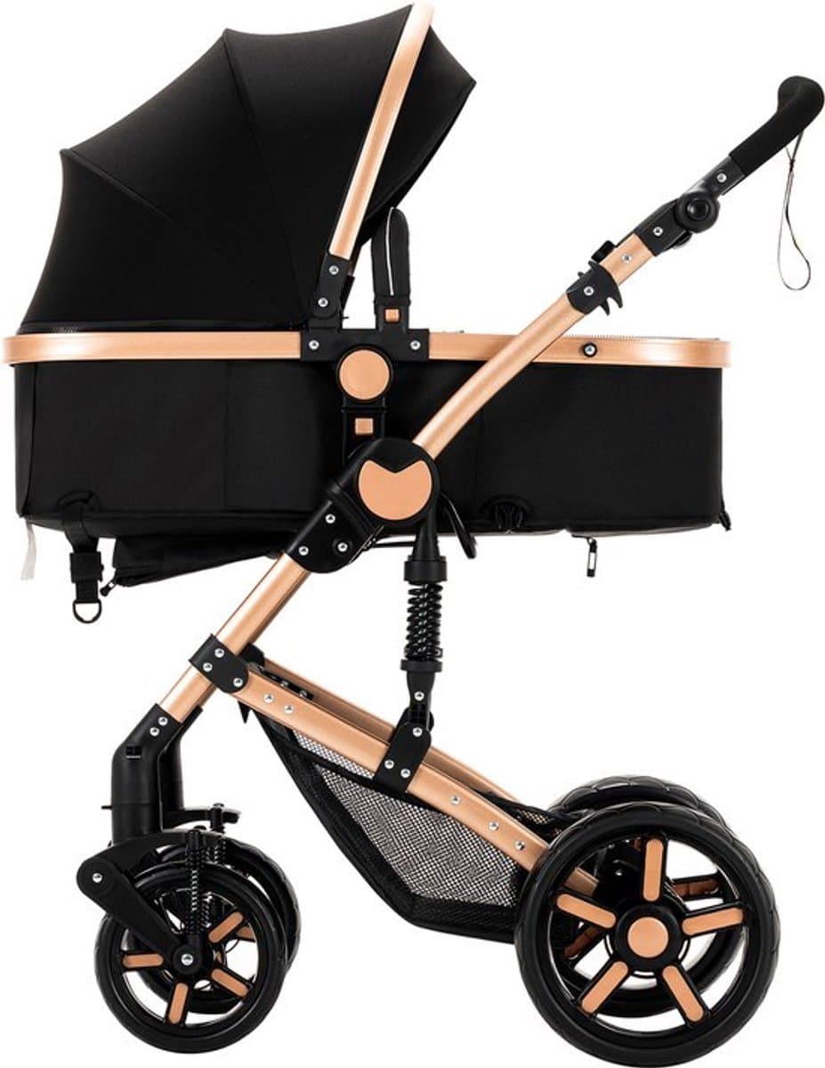 Luxe 3-in-1 Kinderwagen - Autostoeltje - Buggy - Reiswieg - Inklapbaar - 0-36 Maanden - Zwart/Goud thumbnail 3