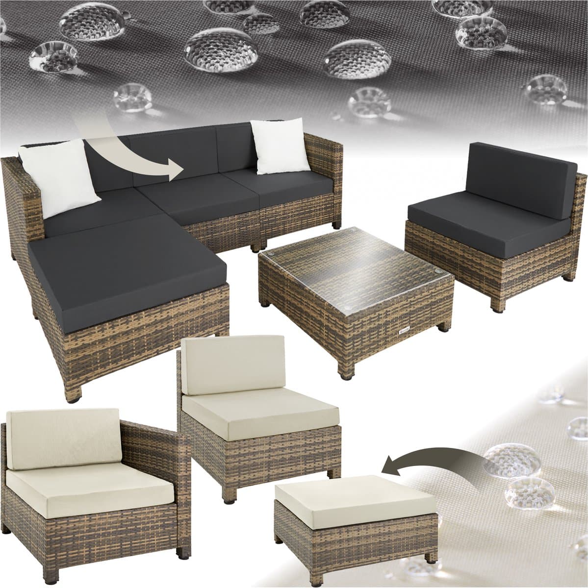 tectake® - Tuinmeubelset - Wicker loungeset - Balkonmeubelset - Kussens 10 cm hoogte - Voor tuin en balkon - 2 fauteuils, 2 hoekstoelen, 1 tafel, 1 hocker - Incl. 2 sets kussenhoezen - naturel