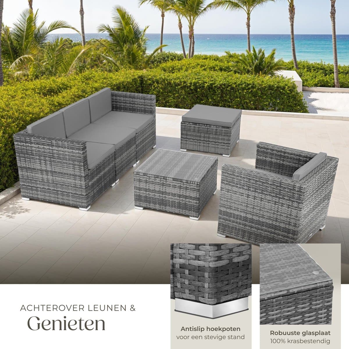tectake® Wicker lounge - Tuinmeubelset voor buiten met bank, fauteuil, kruk en tafel - Variabel combineerbaar - Weerbestendig meubilair - Voor 4-5 personen - Balkonmeubilair - Tuinlounge - Terrasmeubilair - Grijs thumbnail 8
