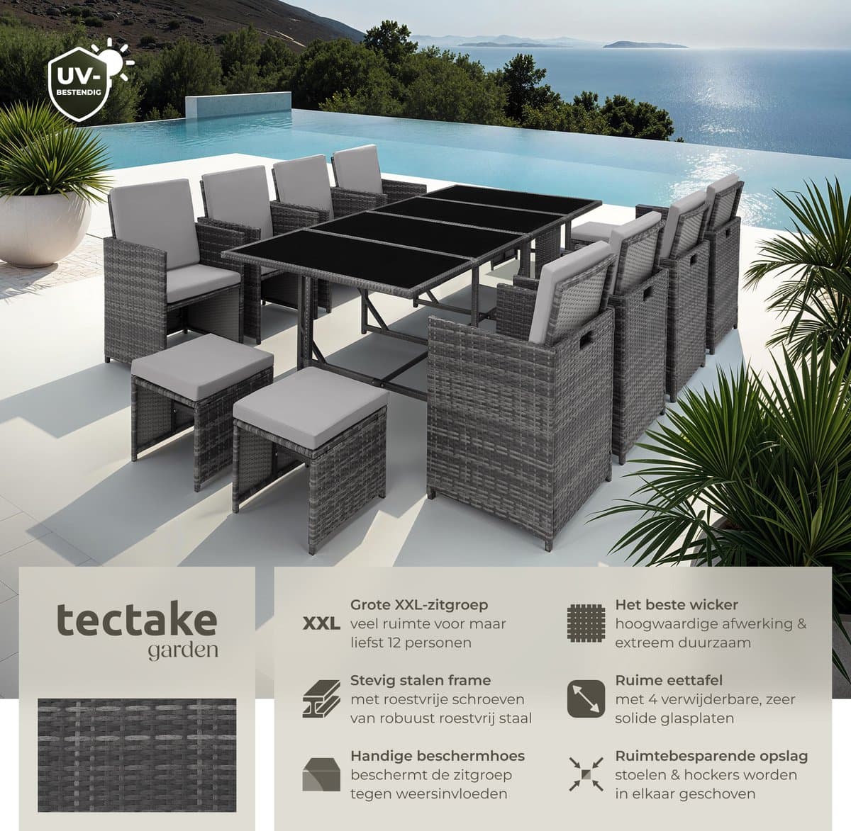tectake® - Wicker tuinloungeset - Polyrotan tuinmeubelset, 8+4+1 zitgedeelte, 8 stoelen, 4 krukken, 1 tafel - Incl. beschermhoes, voor tuin, balkon, terras - grijs/lichtgrijs thumbnail 7