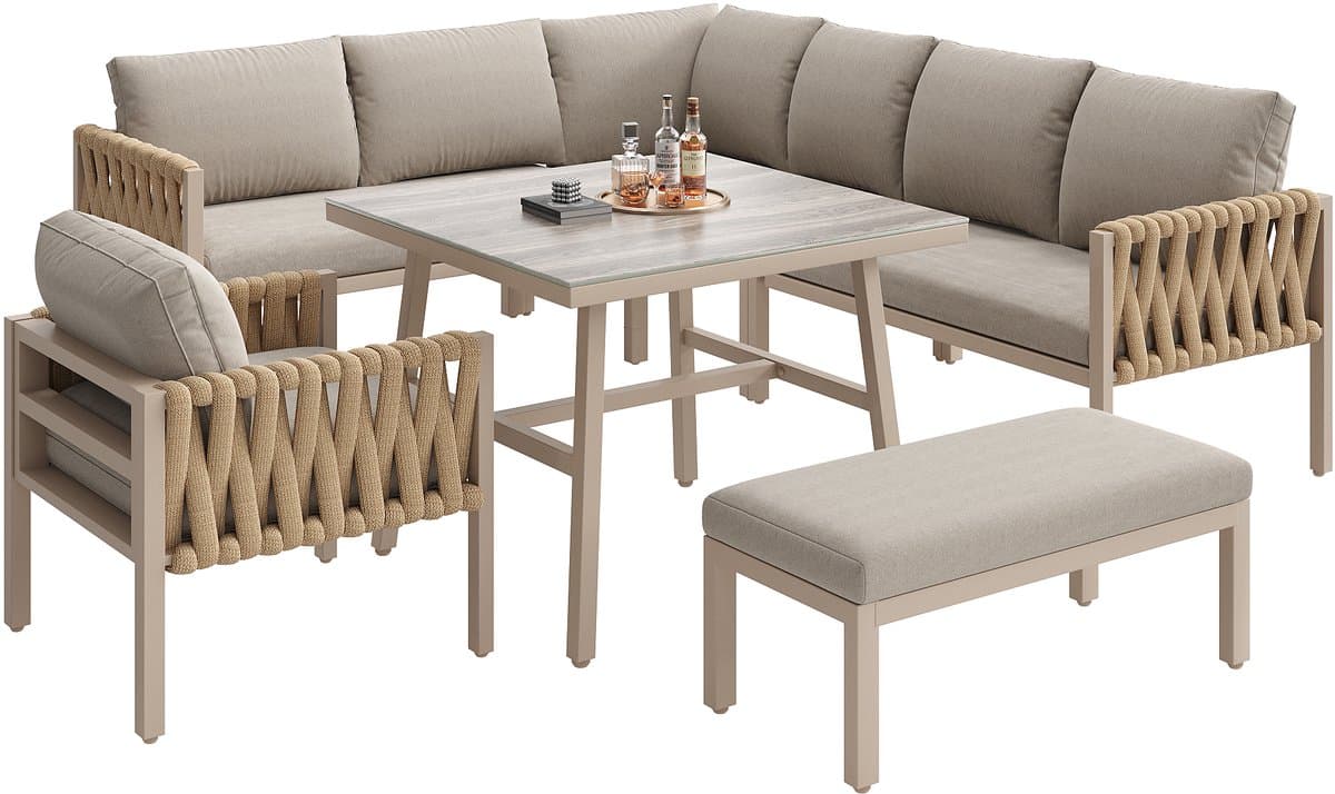 Tuinset met verzinkt ijzeren frame, beige touw loungeset, verstelbare poten, glazen tafelblad, inclusief kussens thumbnail 3