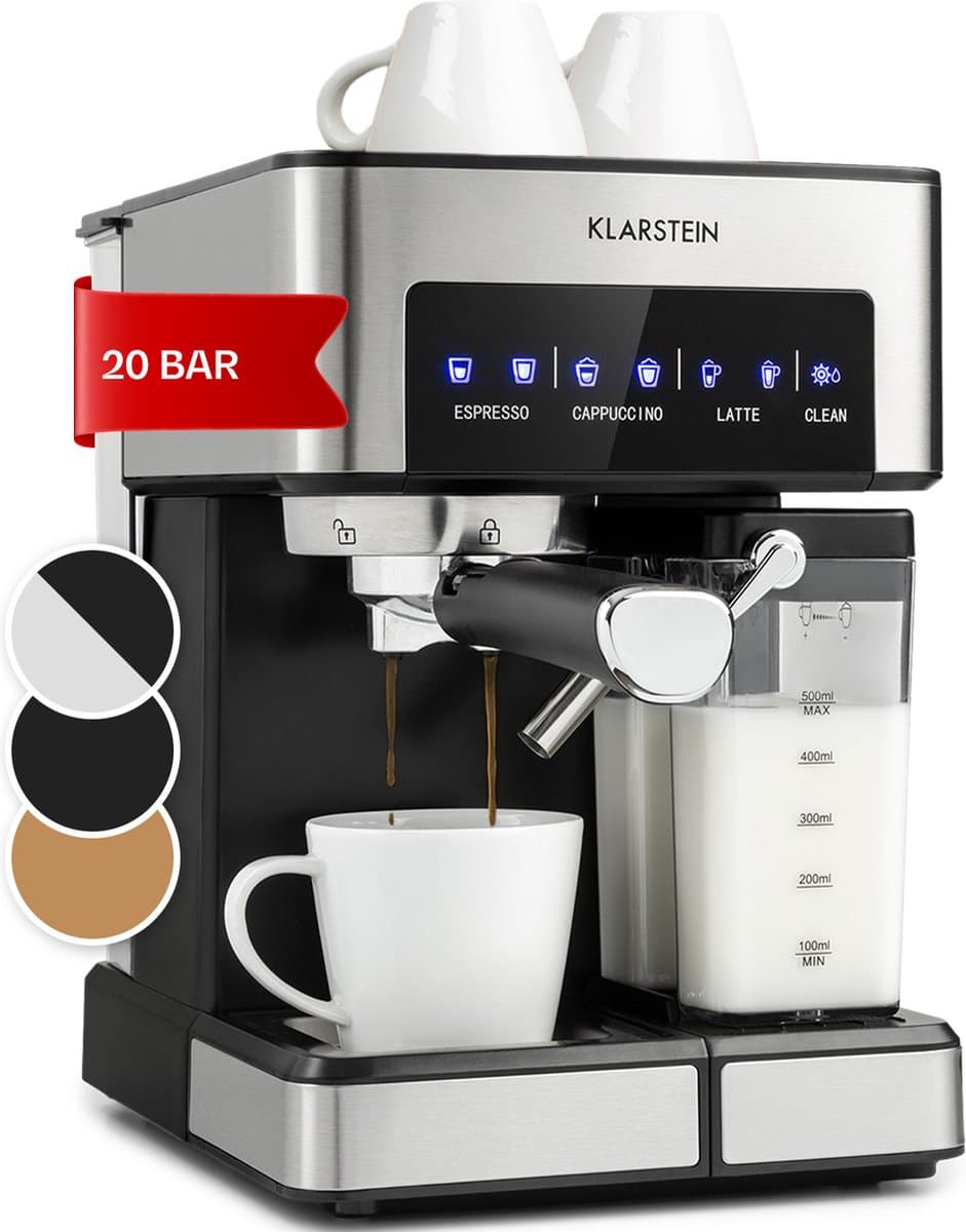 Klarstein Koffiemachine Espresso Pistonmachine met Melkopschuimer, 1,8 L Mini Espressomachine met Piston, 20 Bar RVS Compact, Melkreservoir, 1350 W Koffiemachine voor Gemalen Koffie - Stoompijpje Touch LED - Coffee Machine thumbnail 7