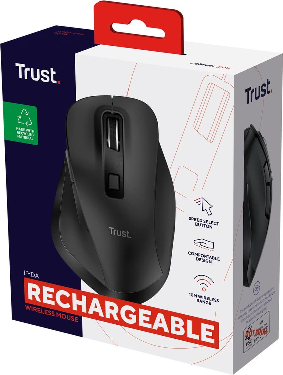 Trust Fyda - Draadloze Muis met USB-ontvanger - Comfortabele grip - Oplaadbaar - Zwart thumbnail 6