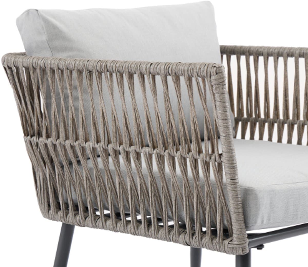 Tuin loungeset, tuinmeubelset met comfortabele kussens, 2-zitsbank, 2 fauteuils en salontafel, gevlochten PE-touw van imitatie watergras, zwart glazen tafelblad, gegalvaniseerd staal, grijs thumbnail 7