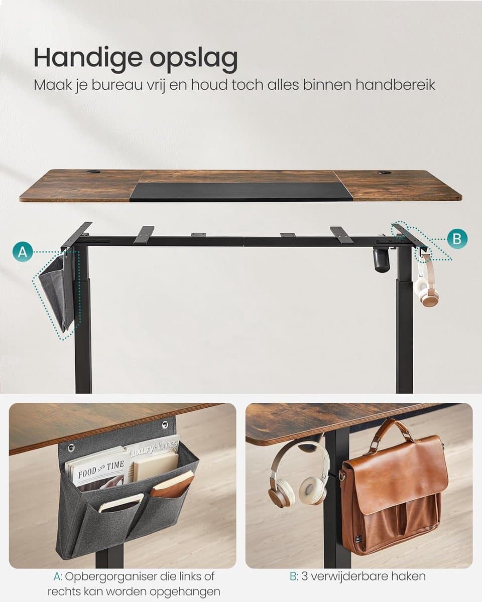 Elektrisch Zit-Sta Bureau – 70x160x(72–120) cm – In Hoogte Verstelbaar – 4 Geheugenstanden – Vintage Bruin/Zwart – Geluidsarm <50 dB – Kabelmanagement – Opbergvak – Draagkracht 80 kg thumbnail 6