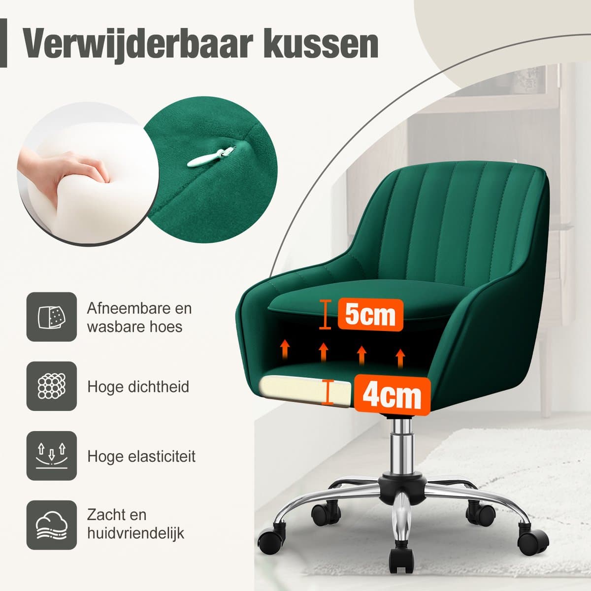 Hiaonyx Bureaustoel-Ergonomische bureaustoel-bureaustoelen voor volwassenen-Dubbel gelaagd zitkussen-360 graden draaibaar-Metalen onderstel-Donkergroen thumbnail 3