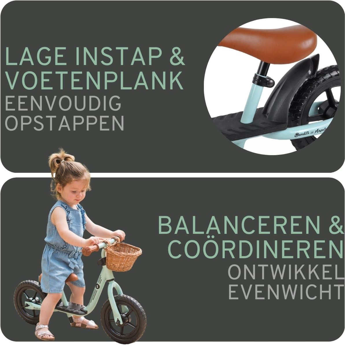 Bandits & Angels Metalen Loopfiets Starter Mintgroen met Voetenplank vanaf 2 Jaar - Limited Edition - Mintgroene Loop Fiets - Verstelbaar Zadel 29 tot 39 cm - Voor Jongens en Meisjes - Compact en Veilig - Lage Instap met Voetenplank thumbnail 6