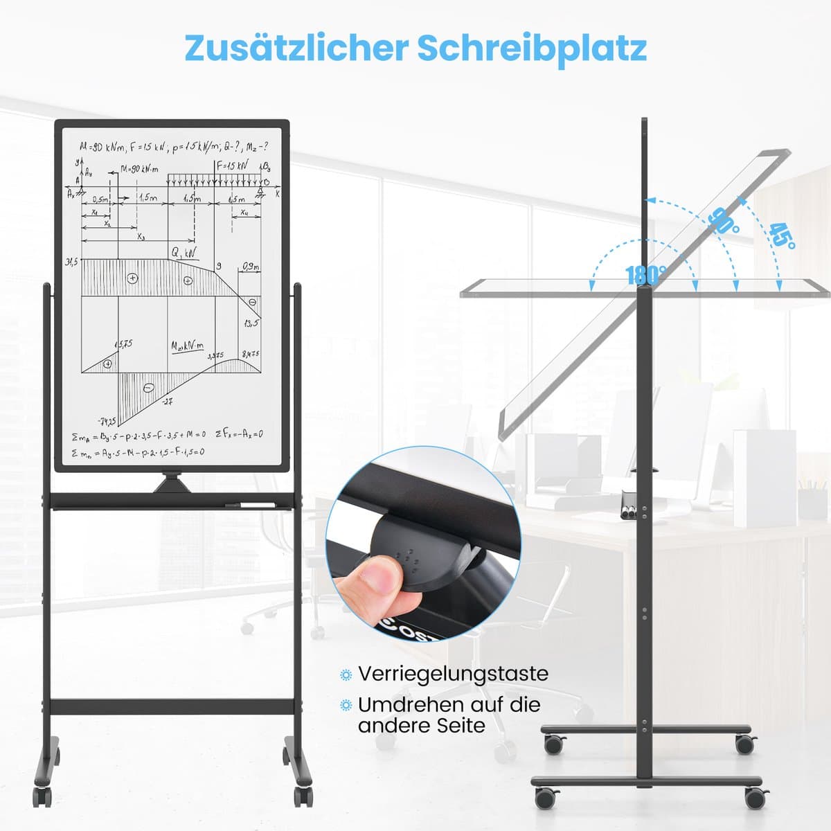 COSTWAY Dubbelzijdig mobiel whiteboard, 60 x 90 cm, in hoogte verstelbaar magnetisch whiteboard met wieltjes, standaard en pennenbakje, incl. accessoires voor school, kantoor, thuis (zwart) thumbnail 3