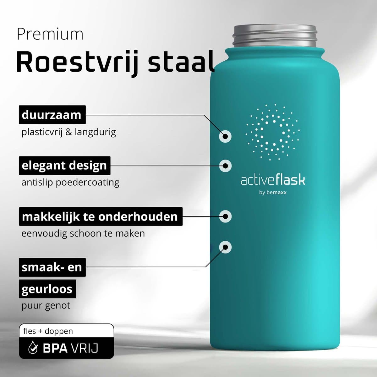 bemaxx Drinkfles met Rietje RVS Thermosfles ACTIVE FLASK (3 Drinkdoppen met Infuser), Volwassenen Kinderen, BPA-Vrij + Lekvrij | 1 Liter/500 ml Isoleerfles, Vacuüm Waterfles Sport Fitness Fietsen Water Fles Waterbidon Sportbidon thumbnail 6