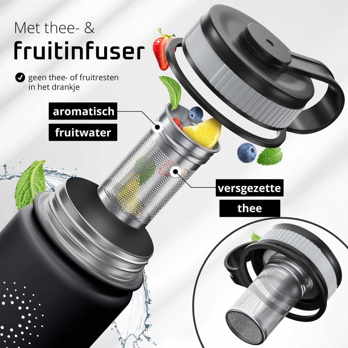 bemaxx Drinkfles met Rietje RVS Thermosfles ACTIVE FLASK (3 Drinkdoppen met Infuser), Volwassenen Kinderen, BPA-Vrij + Lekvrij | 1 Liter/500 ml Isoleerfles, Vacuüm Waterfles Sport Fitness Fietsen Water Fles Waterbidon Sportbidon thumbnail 4